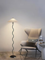 Squiggle Floor Lamp, Wavy Black Metal Base, Fabric Shade, E14 Plug-In