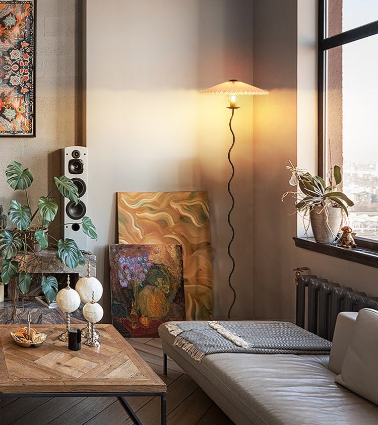 Squiggle Floor Lamp, Wavy Black Metal Base, Fabric Shade, E14 Plug-In