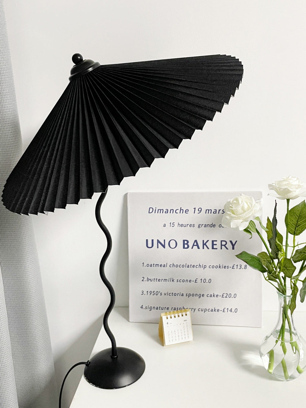 Squiggle Table Lamp, Wavy Stem, Pleated Fabric Shade, E14 Plug-In