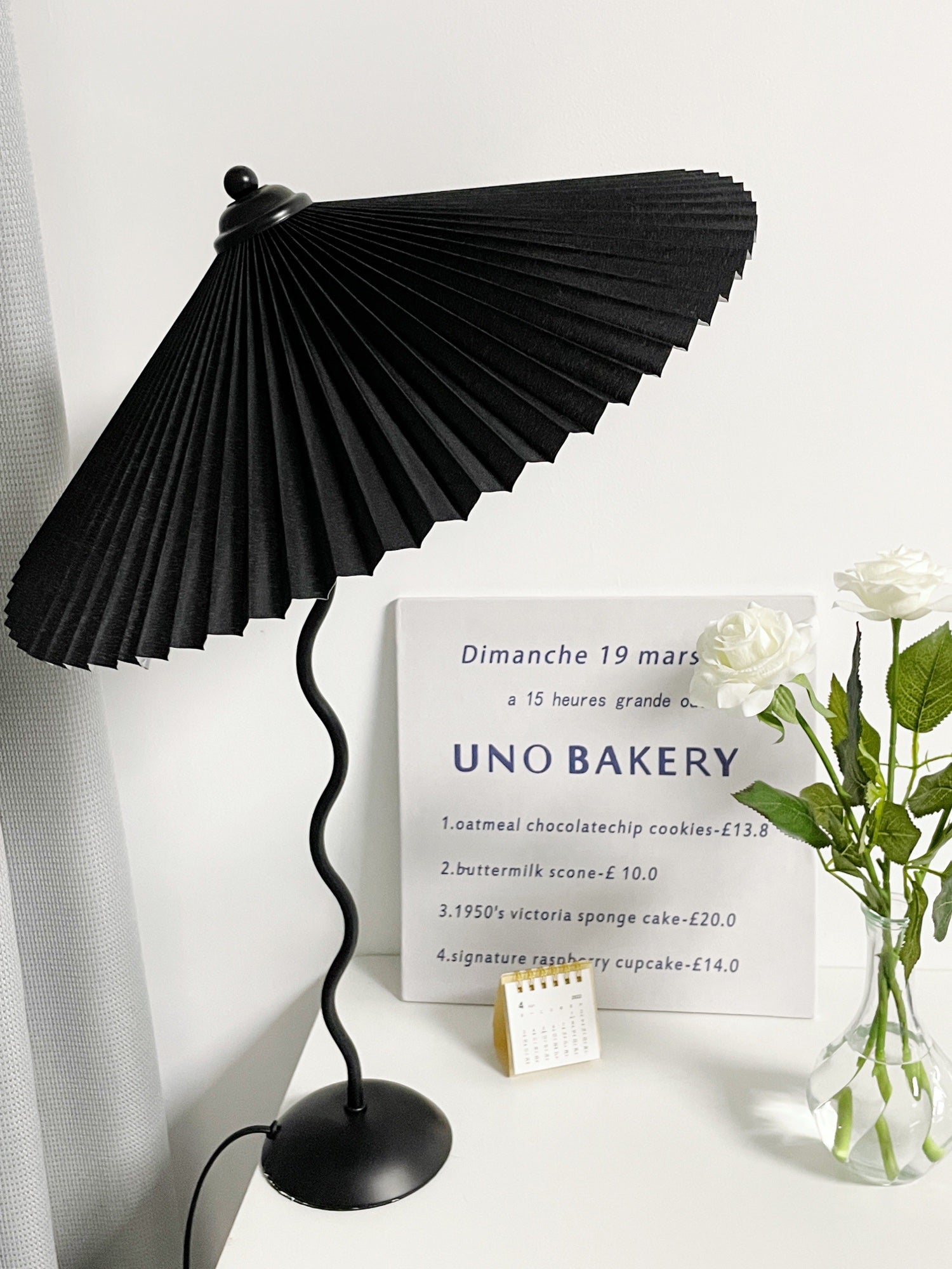 Squiggle Table Lamp, Wavy Stem, Pleated Fabric Shade, E14 Plug-In