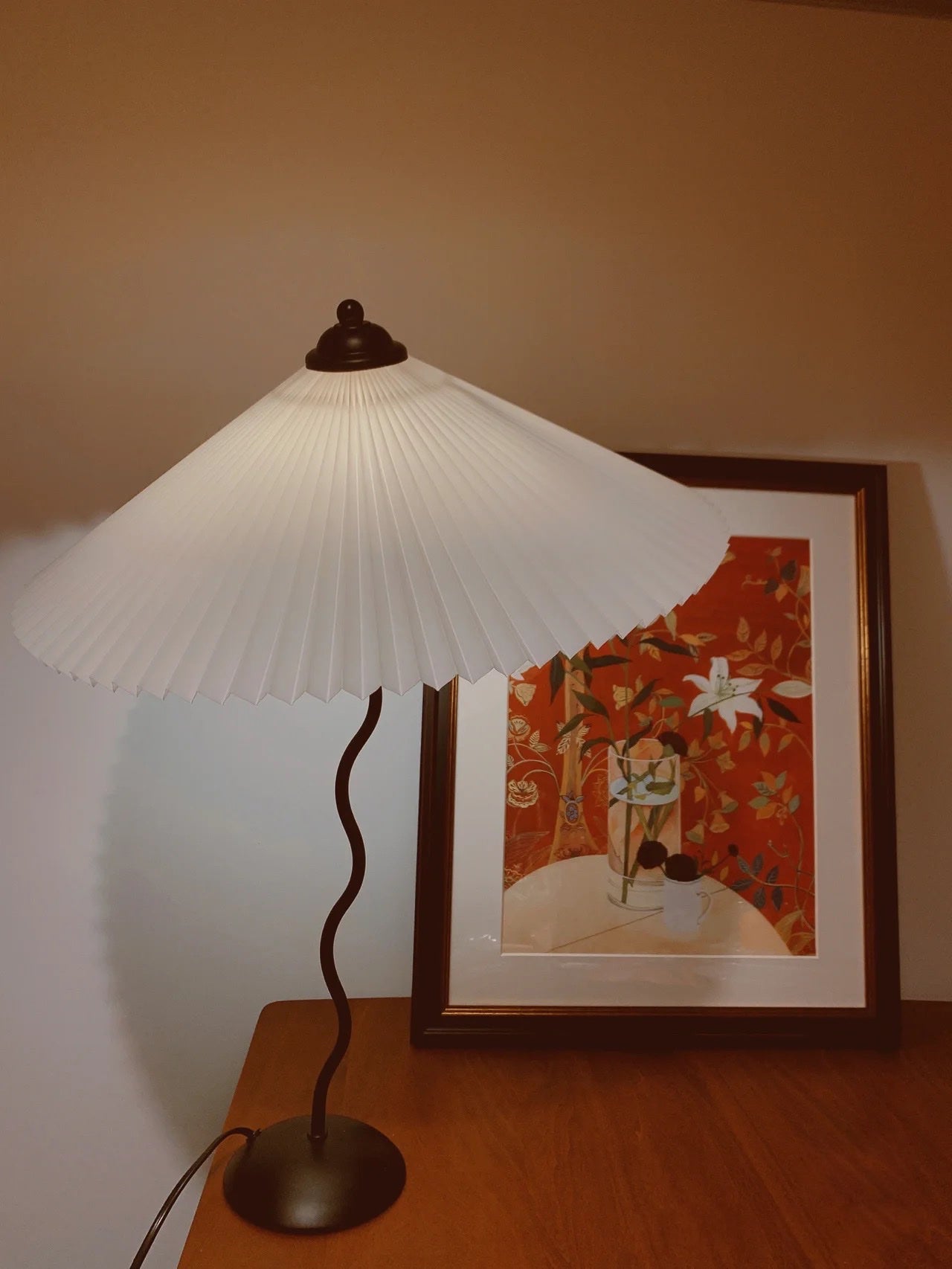 Squiggle Table Lamp, Wavy Stem, Pleated Fabric Shade, E14 Plug-In
