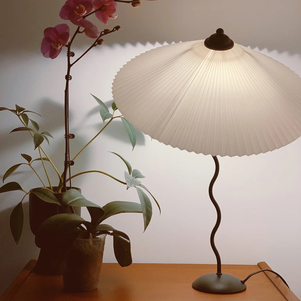 Squiggle Table Lamp, Wavy Stem, Pleated Fabric Shade, E14 Plug-In