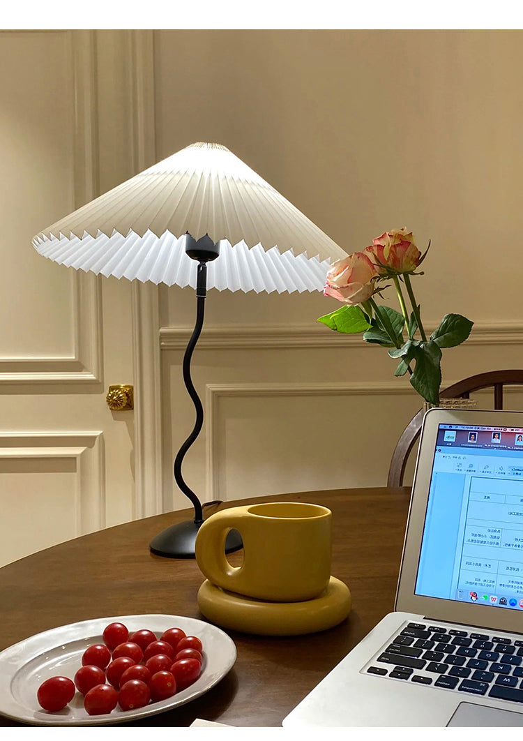 Squiggle Table Lamp, Wavy Stem, Pleated Fabric Shade, E14 Plug-In
