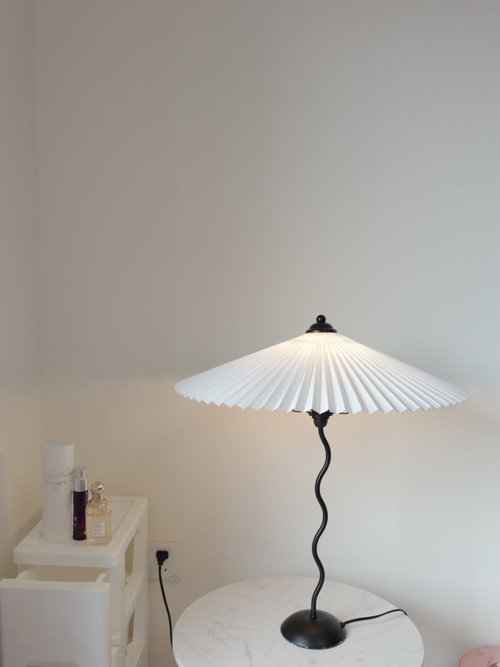 Squiggle Table Lamp, Wavy Stem, Pleated Fabric Shade, E14 Plug-In