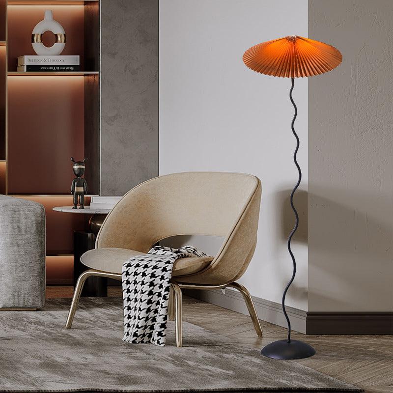 Squiggle Floor Lamp, Wavy Black Metal Base, Fabric Shade, E14 Plug-In