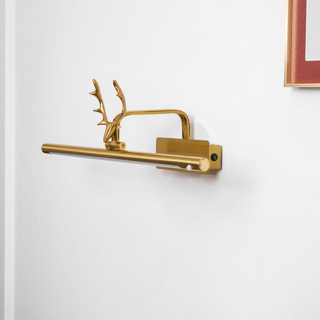 Stag horn wall light mounted neatly above a framed picture
