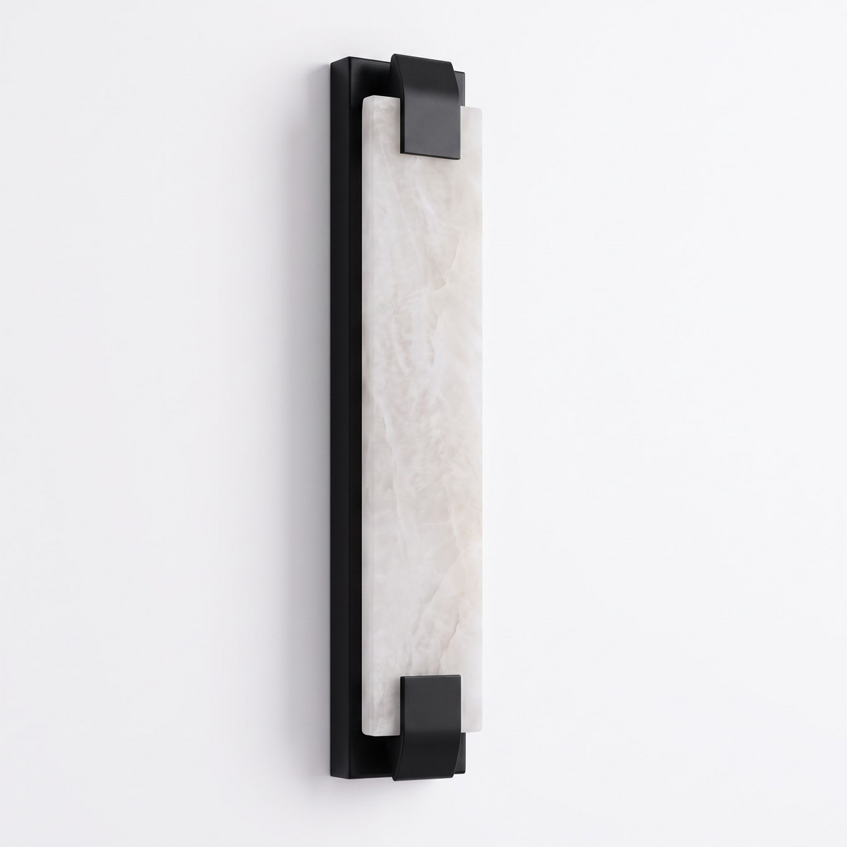 Set against white, this Clérachic panel sconce in black finish shows its alabaster panel gripped by metal clips.