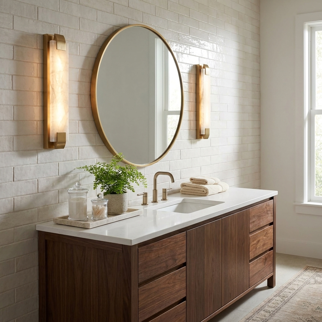 Flanking a round mirror in pairs, this Clérachic panel sconce in brass finish lights a subway-tile vanity.