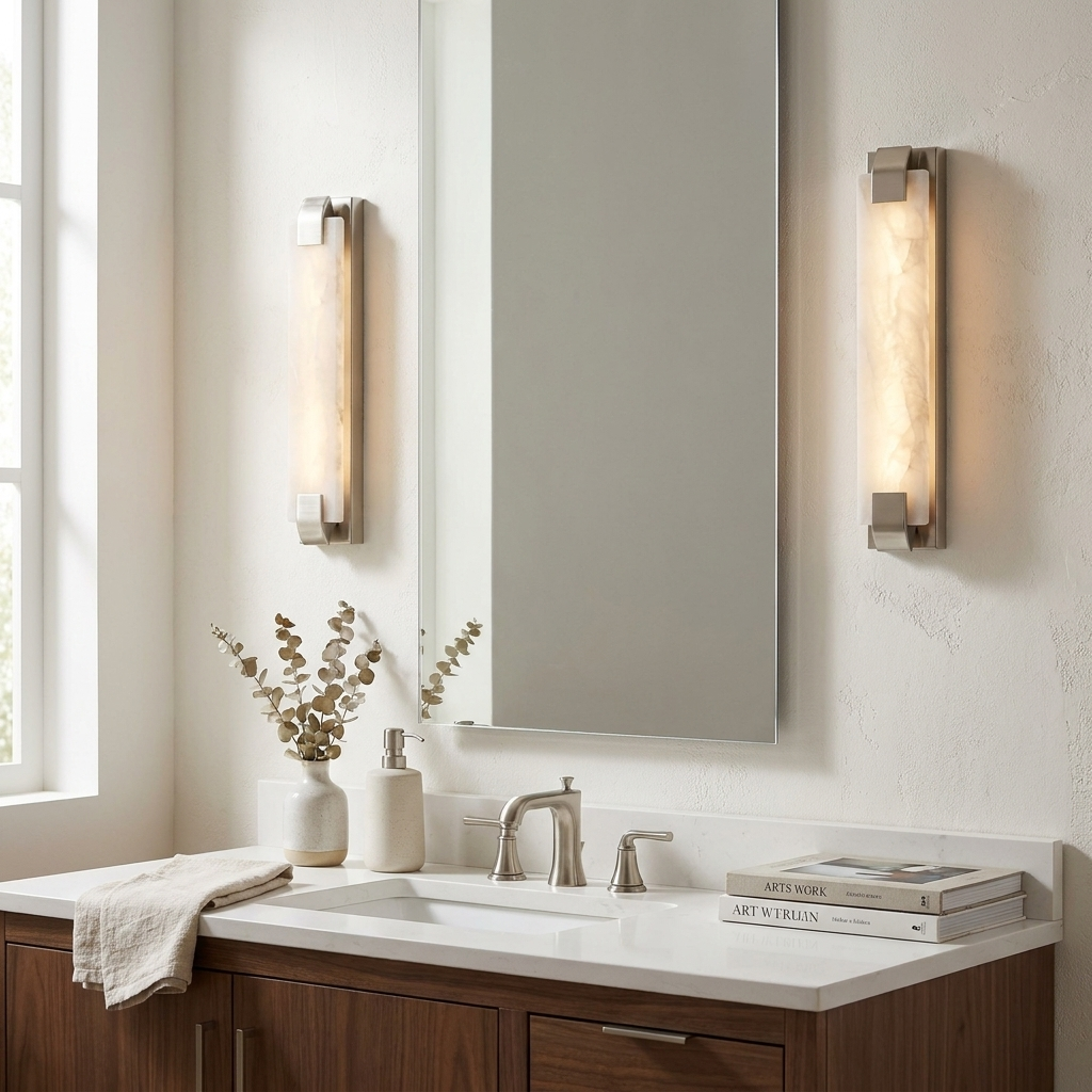 A pair of this Clérachic panel sconce in brass finish flank a mirror above a dark wood bathroom vanity.