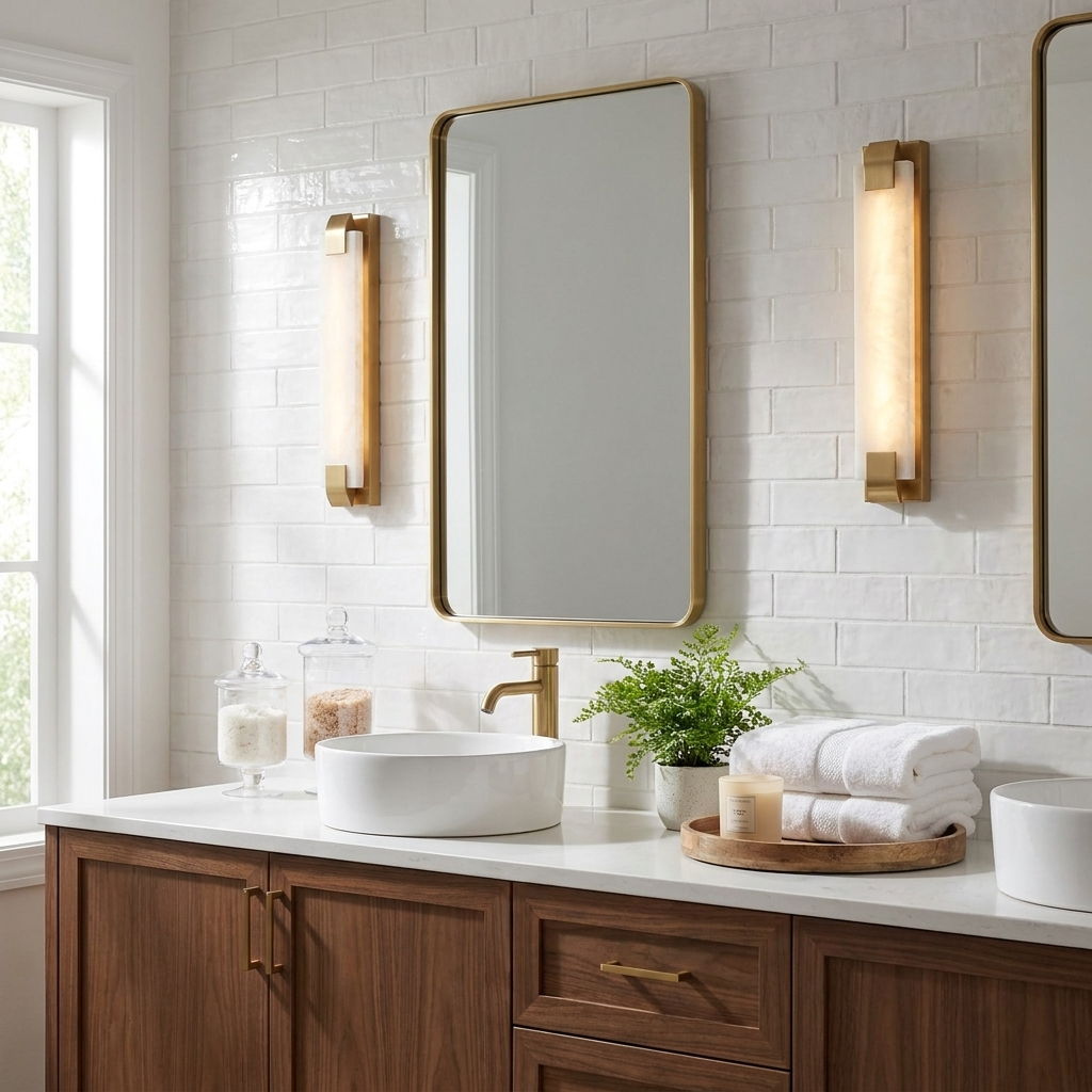 This Clérachic panel sconce in brass finish is lit beside a mirror above a white subway-tile bathroom vanity.