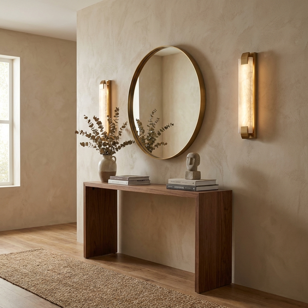 This Clérachic panel sconce in brass finish is lit beside a round mirror above a walnut console table.