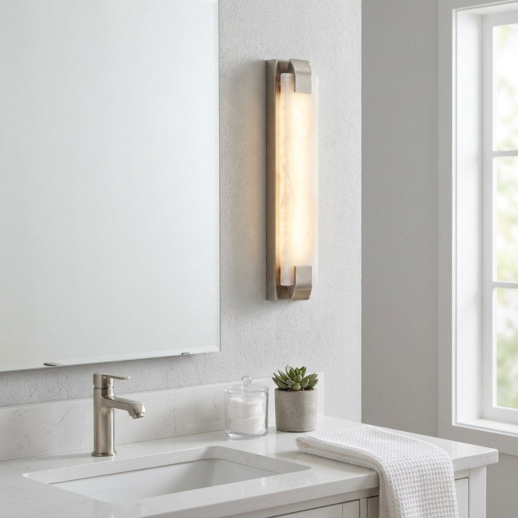This Clérachic panel sconce in satin nickel finish is lit beside a mirror in a minimalist white bathroom.