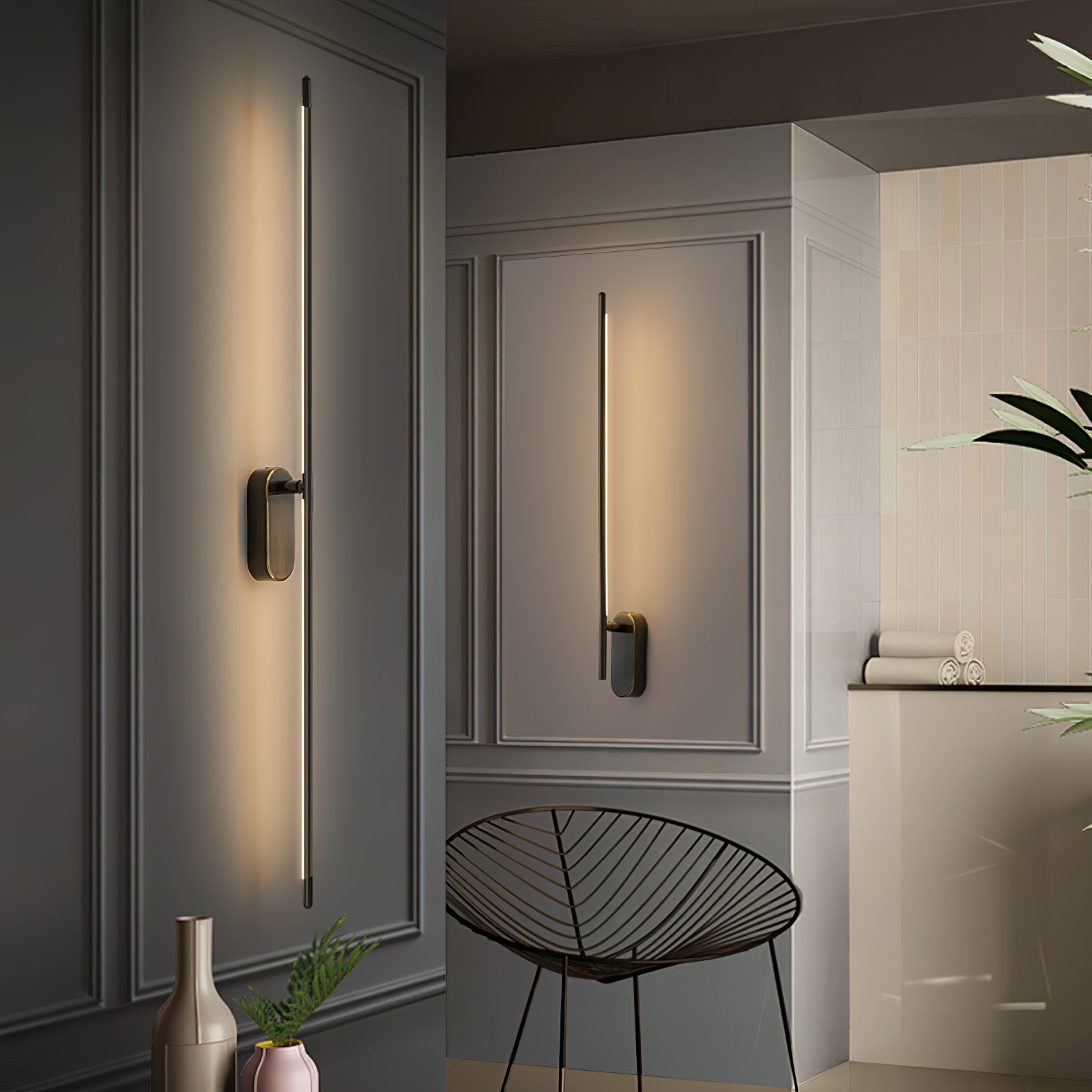 Wall Sconce, Stick-Shaped Linear Metal, Brass or Black, Dimmable LED