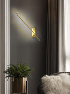 Stick-shaped sconce in black glowing in a quiet corner
