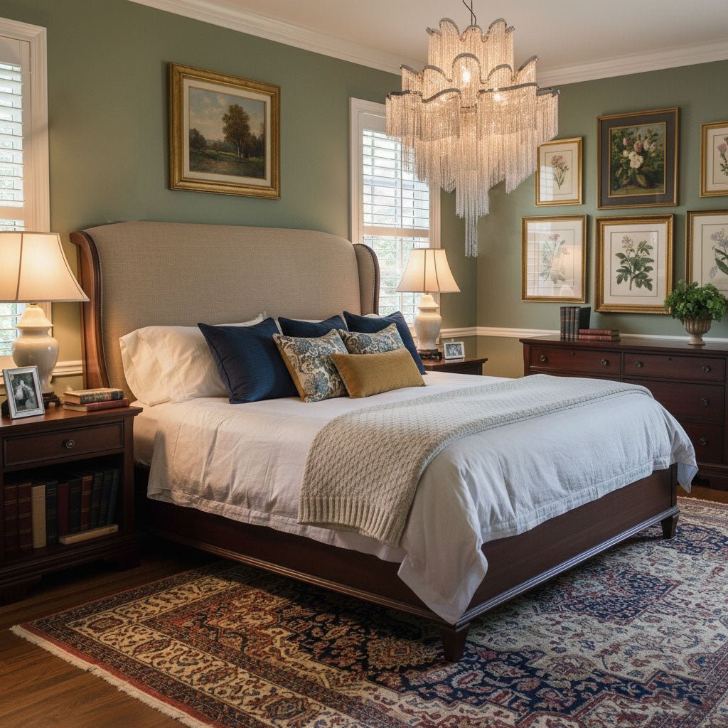 In a sage-green bedroom with a gallery wall, this silver Clérachic chandelier hangs lit above a four-poster bed.