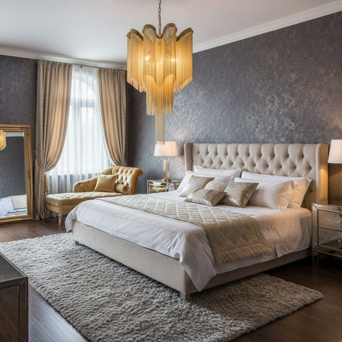 A warm gold Clérachic chandelier lights a bedroom with a tufted headboard, mirror and drawn gold curtains.