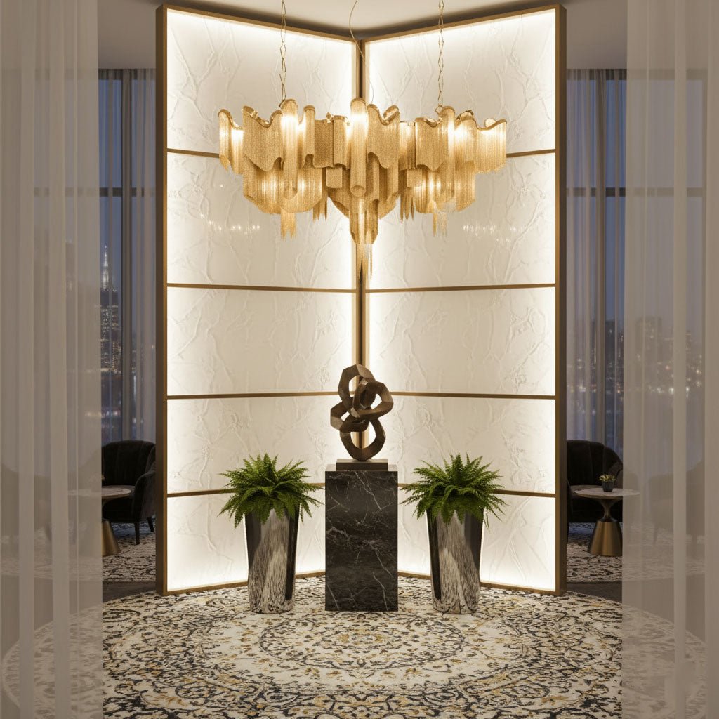 Lit gold chain tiers on this Clérachic chandelier fill a modern corner nook with ferns and a dark sculpture.