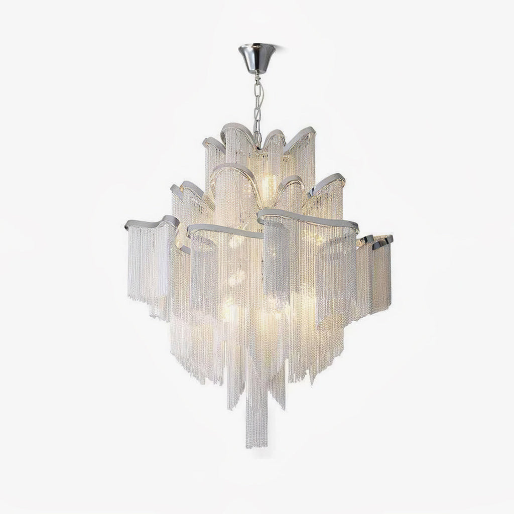 On a plain light backdrop, this lit silver Clérachic chandelier is shown fully tiered and glowing.