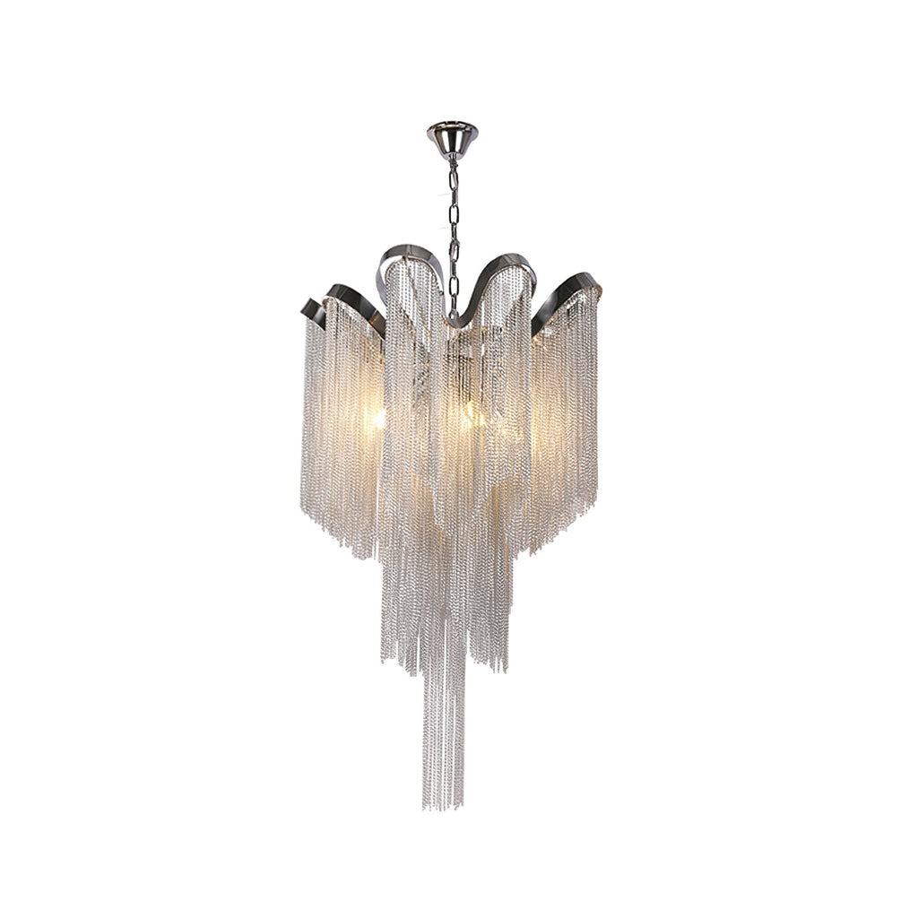 This silver Clérachic chandelier, lit, is shown tiered against a plain white backdrop.