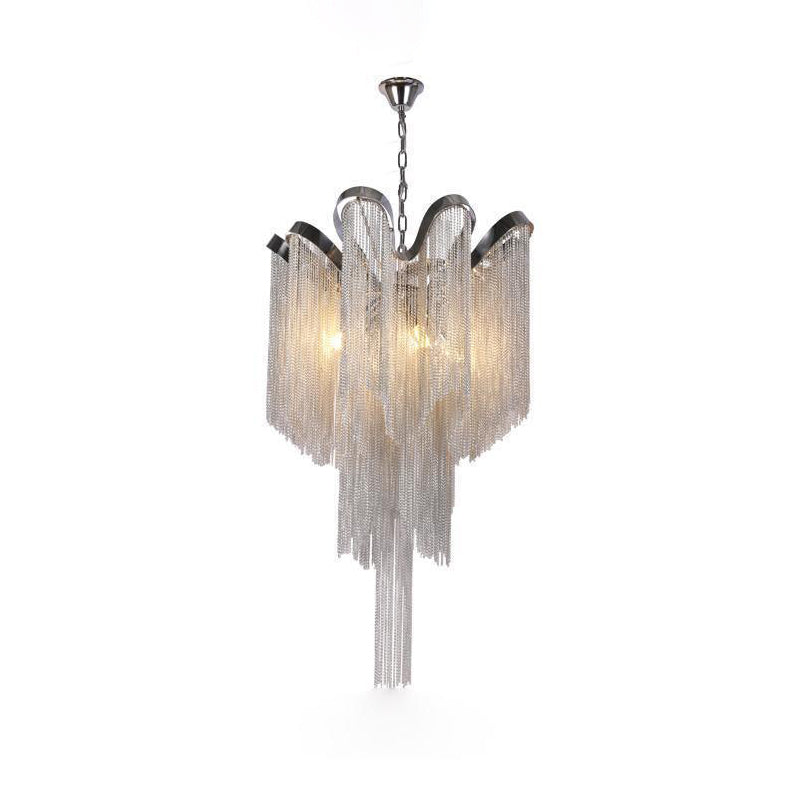 This smaller lit silver Clérachic chandelier is shown against a white backdrop with its chain hanging in tiers.