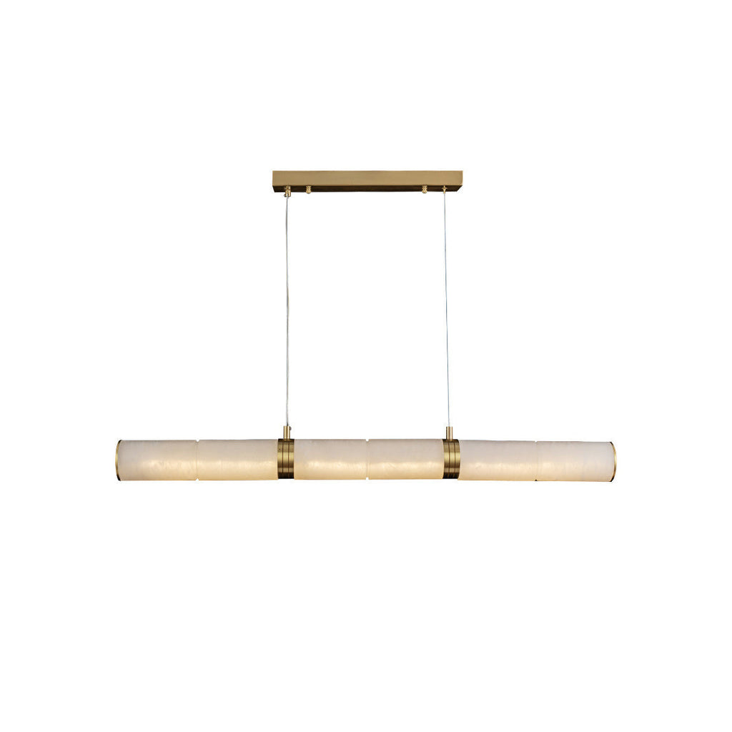 The same pendant shown straight on against white, its alabaster sections separated by slim brass collars.