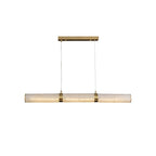 The same pendant shown straight on against white, its alabaster sections separated by slim brass collars.