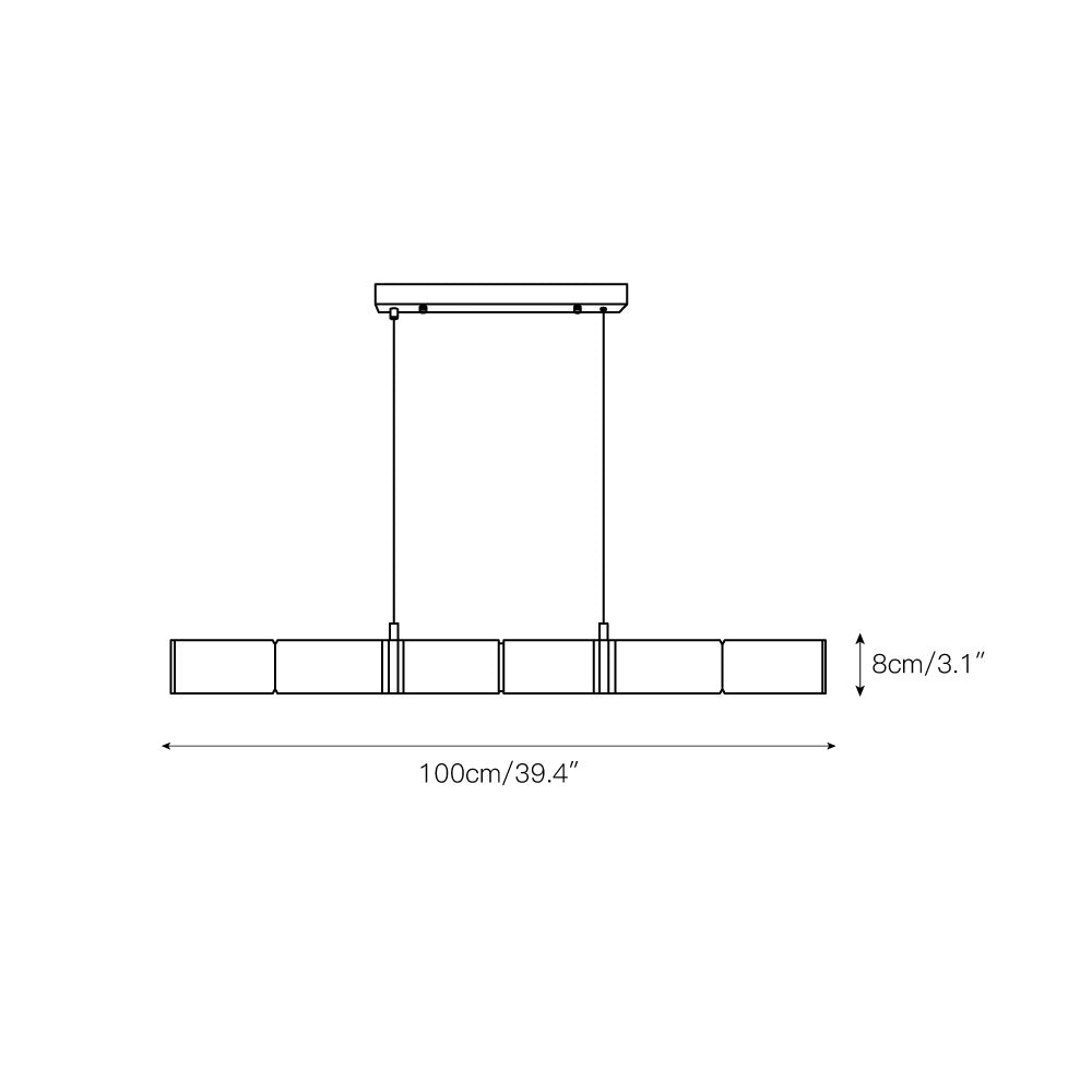 Line drawing of the Stream pendant showing a 100 cm (39.4 in) bar length and 8 cm (3.1 in) depth, hung on two wires.