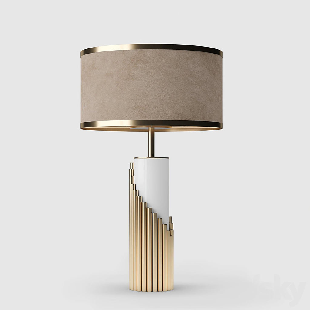An alternate Clérachic finish shows a black-trimmed taupe shade over a white column and gold ribbed base, studio-lit.
