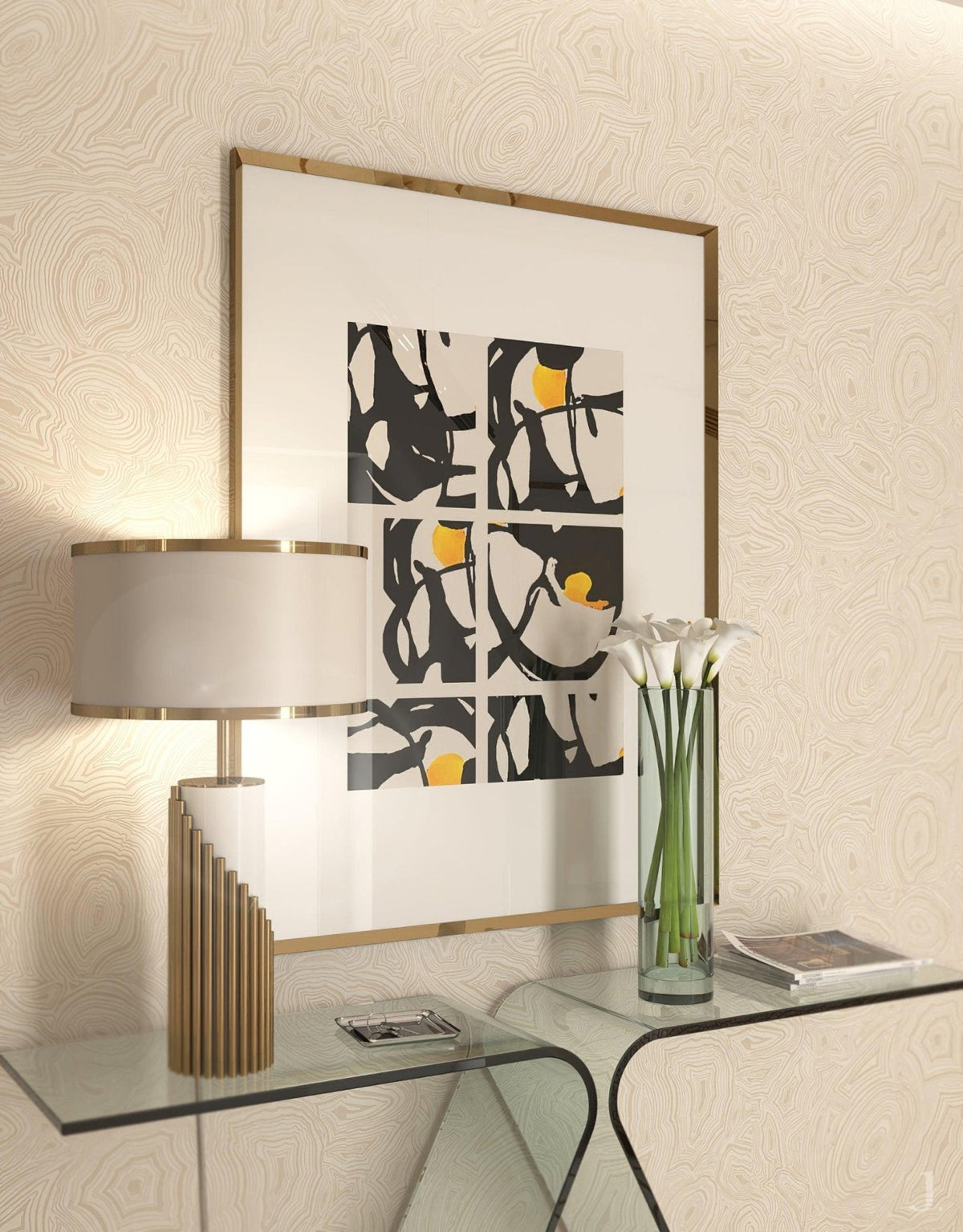 Near the same black-and-white print, a closer crop shows this Clérachic lamp's brass base beside a glass console vase.