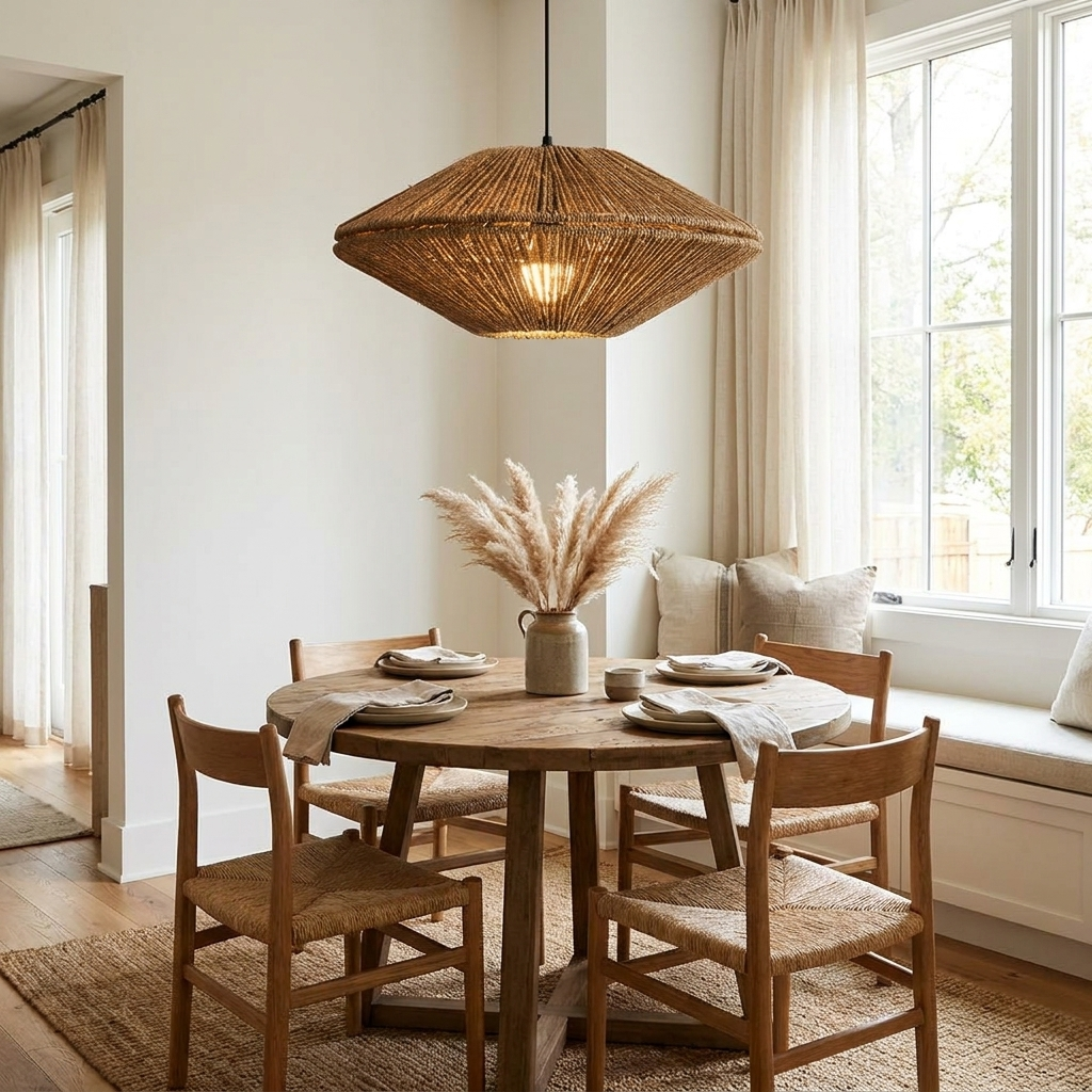 Over a round table dressed with pampas grass, this Clérachic pendant hangs near a cushioned window seat.