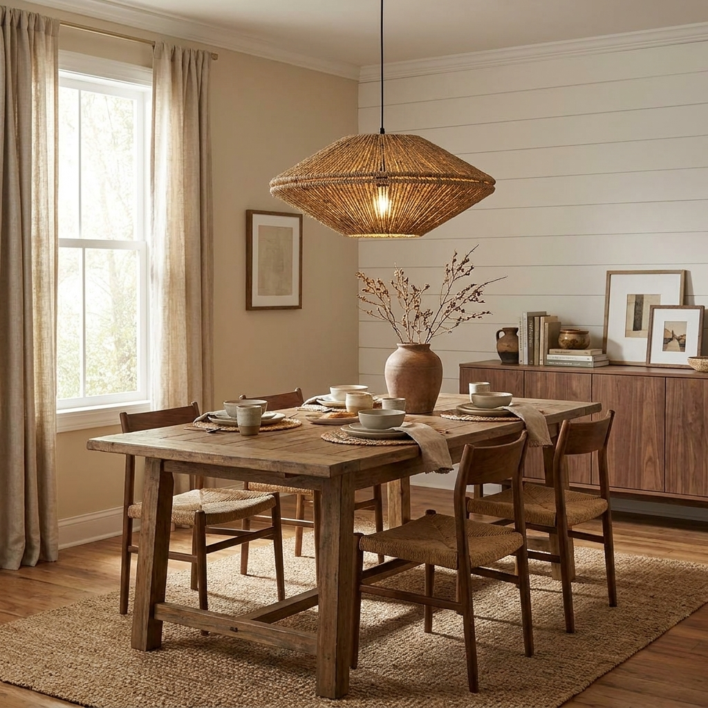 In a shiplap-walled dining room, this Clérachic pendant hangs above a table set for four near a vase of dried branches.