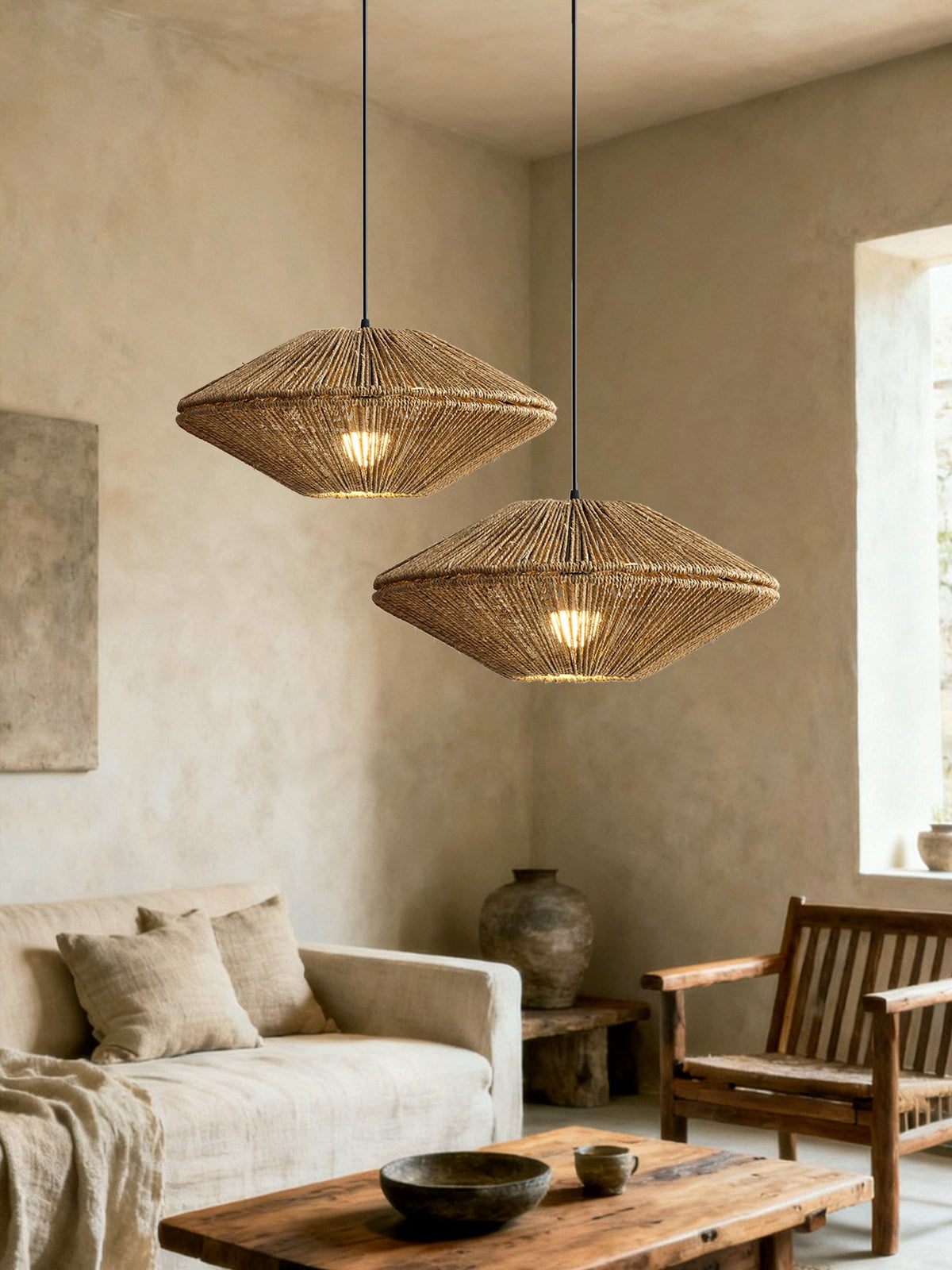 Two of this Clérachic pendant hang side by side above a linen sofa and a low wood bench.