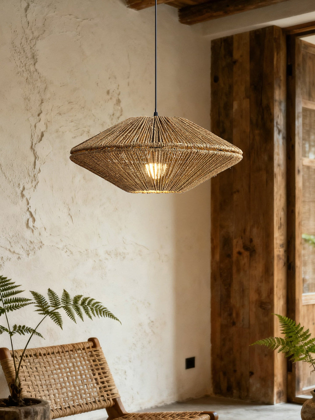 Near a reclaimed wood door and a potted fern, this Clérachic pendant hangs against a rough plaster wall.