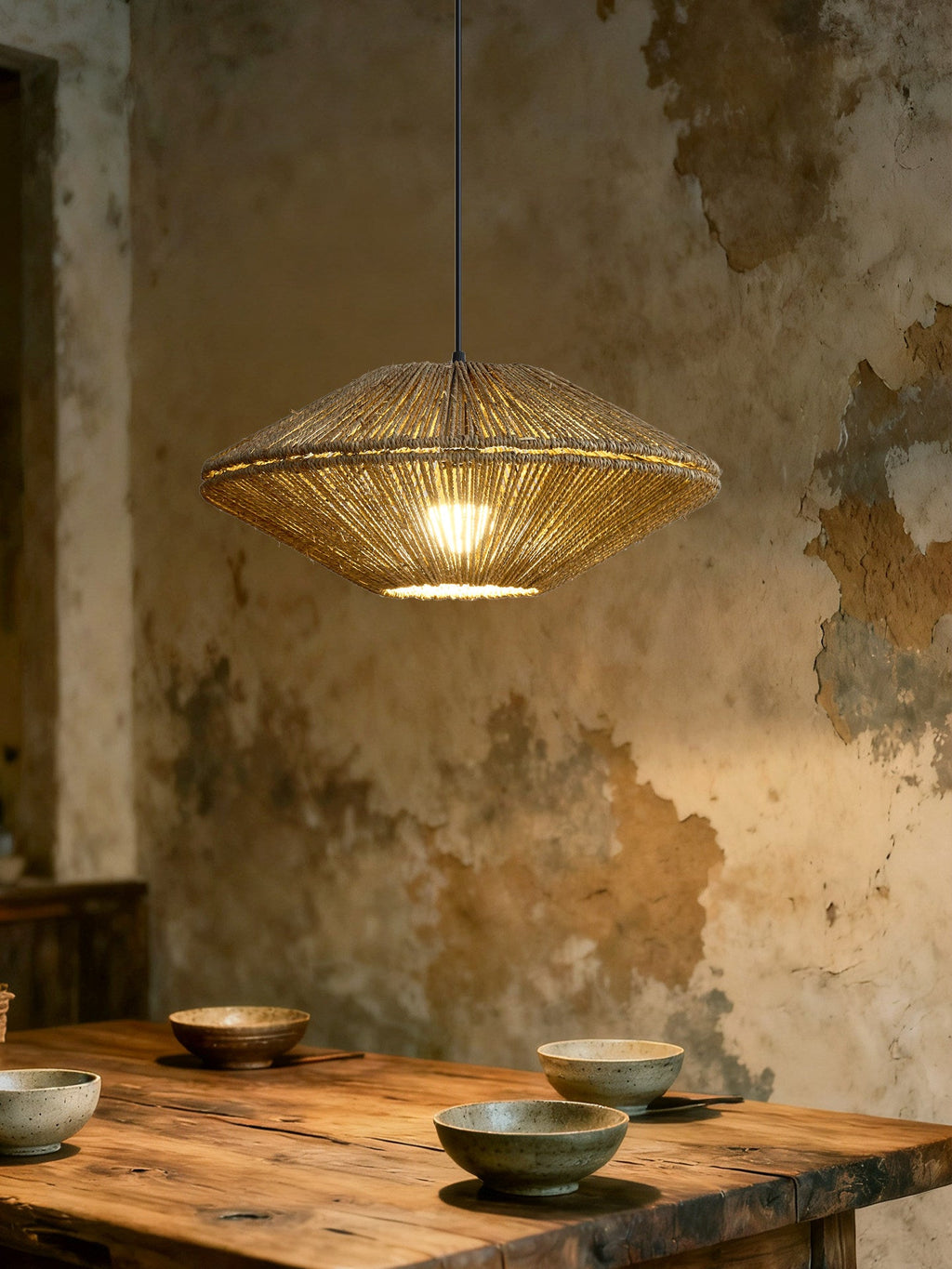 Above a weathered wood table set with stoneware bowls, this Clérachic pendant glows against a crumbling plaster wall.