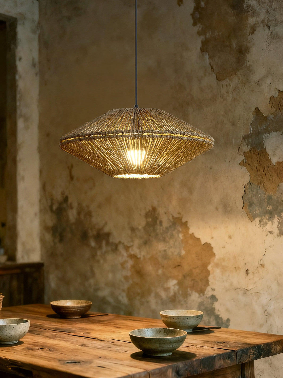 Above a weathered wood table set with stoneware bowls, this Clérachic pendant glows against a crumbling plaster wall.