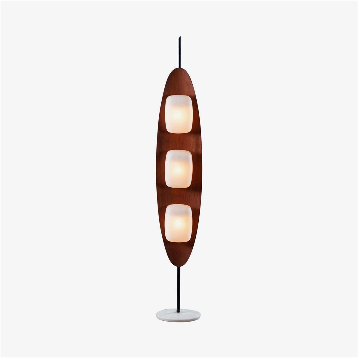 Clérachic teak-finish floor lamp with three stacked white glass shades, shown full length on a plain light studio backdrop.