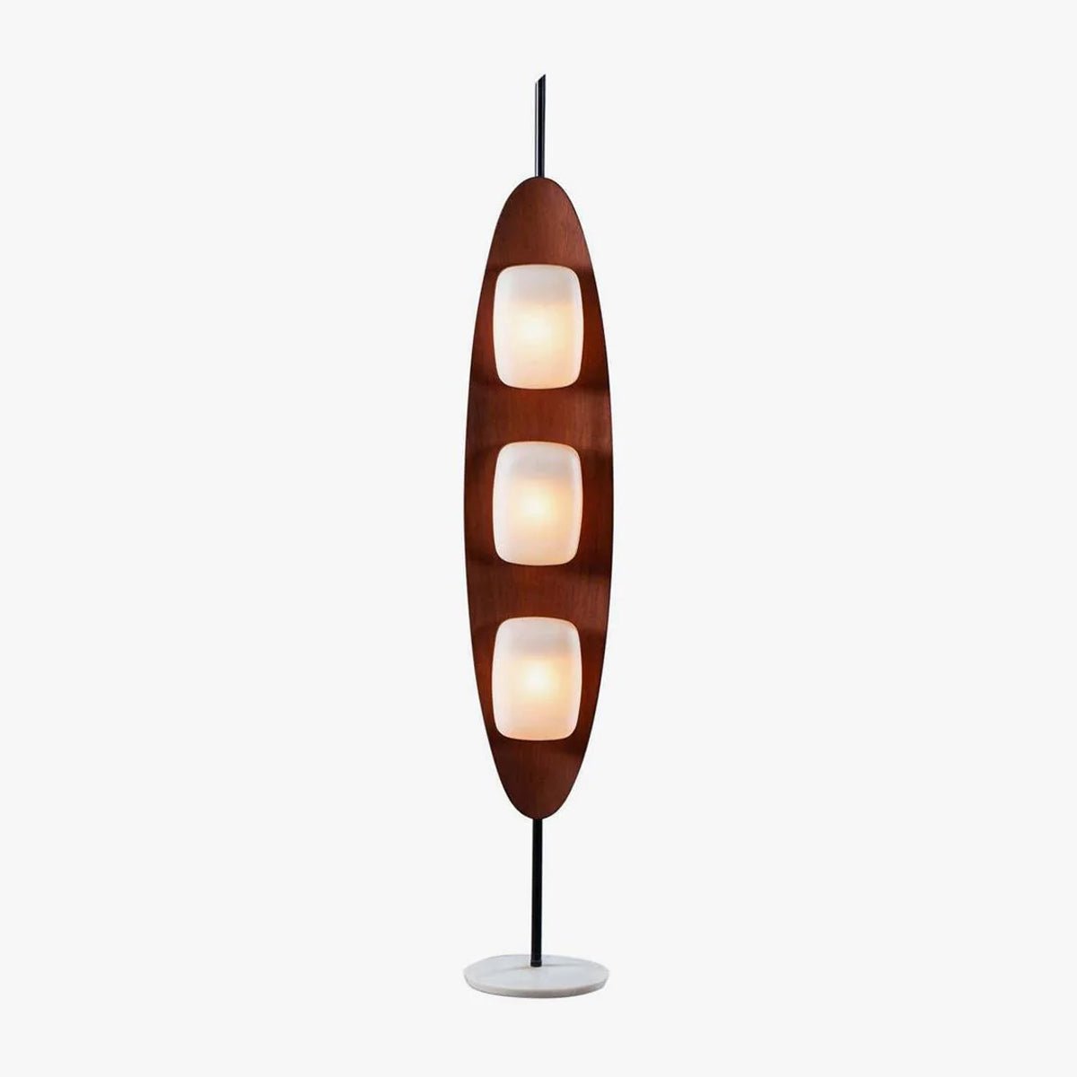 Clérachic teak-finish floor lamp with three stacked white glass shades, photographed full length against a plain studio backdrop.