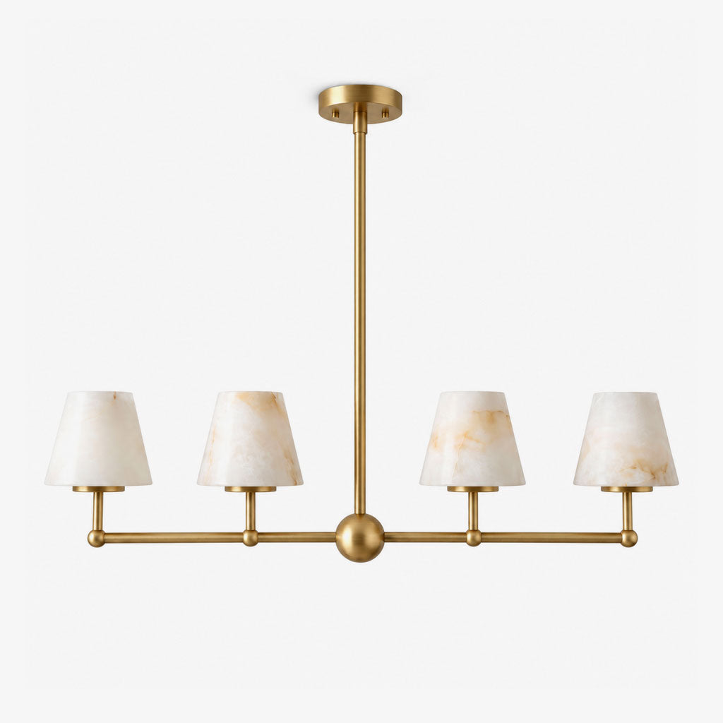 Alone against a plain backdrop, this Clérachic chandelier's straight bar and central sphere show in brushed brass.