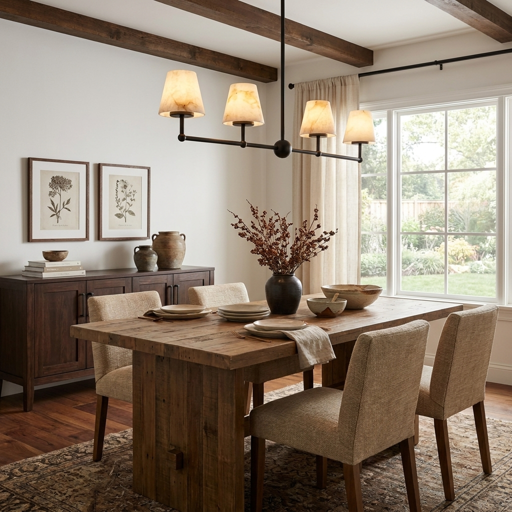 Four alabaster shades on this matte black Clérachic chandelier hang above a wood dining table under exposed beams.