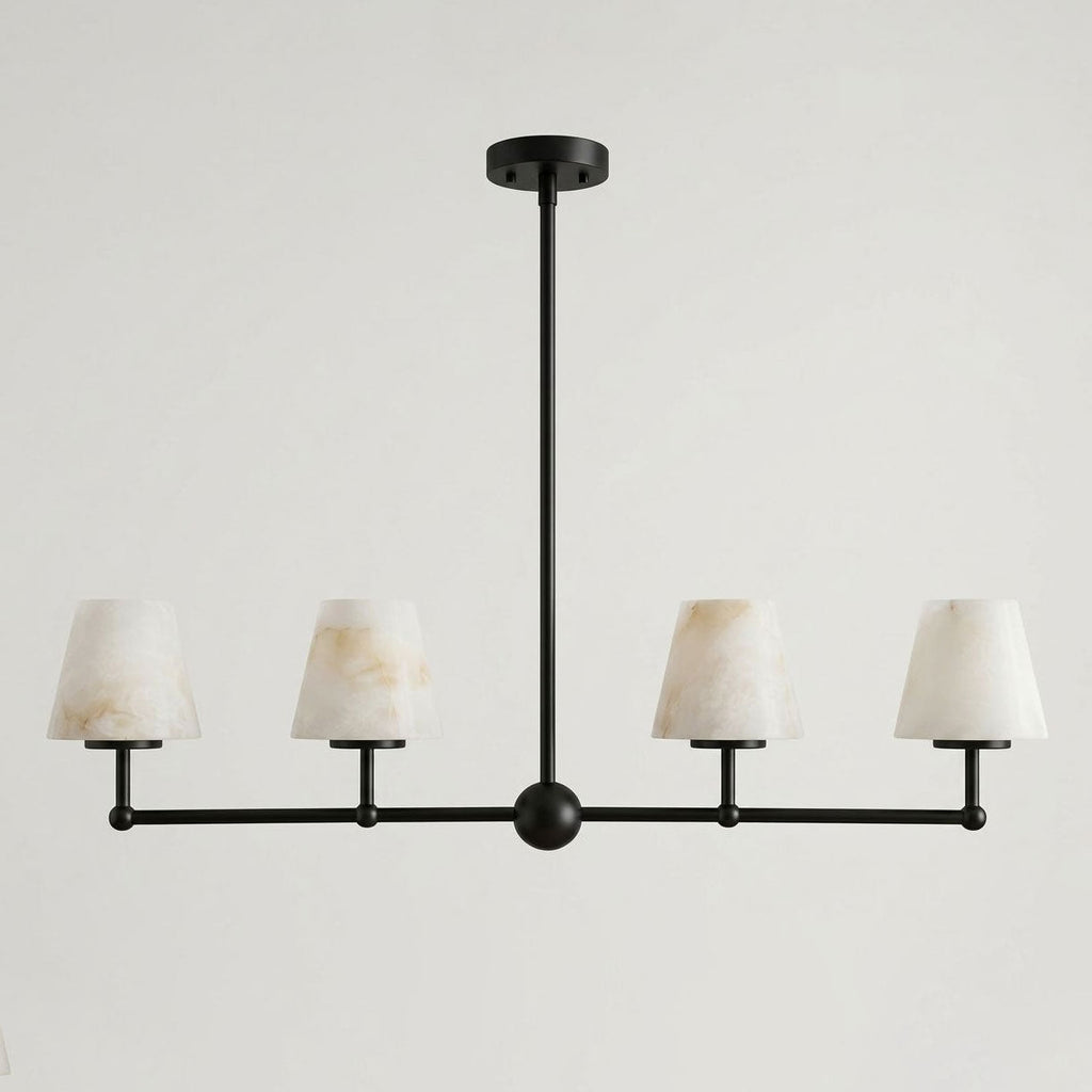 Shown alone on a plain backdrop, the straight bar and ball joints of this Clérachic chandelier appear in matte black.