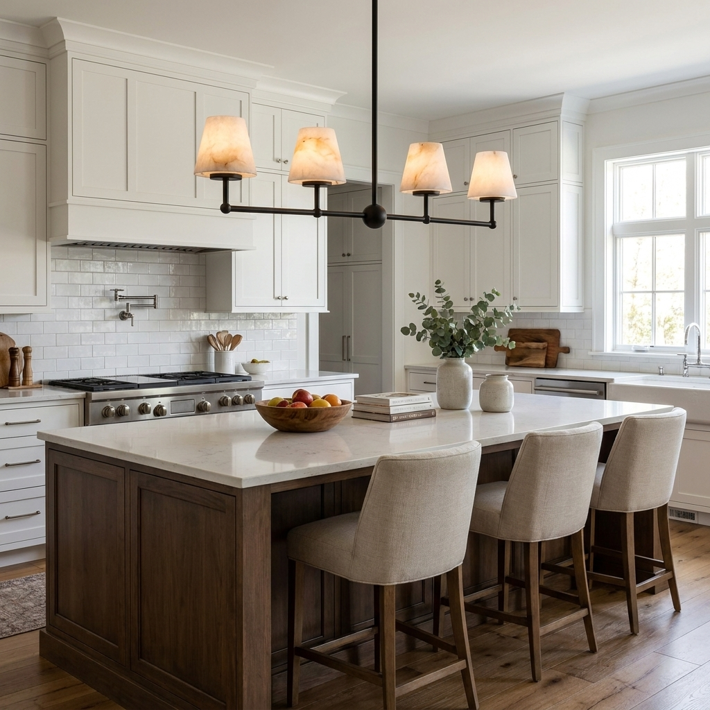 Spanning a long kitchen island with upholstered stools, this Clérachic chandelier lights the space in matte black.