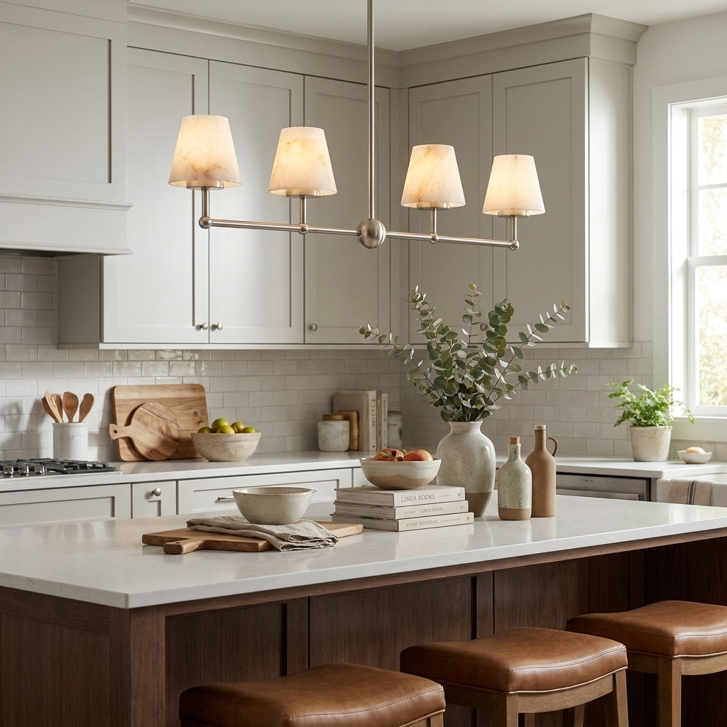 Over a pale kitchen island with a stocked butcher block, this Clérachic chandelier hangs in brushed nickel.