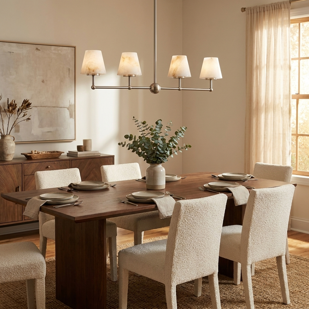 Above a wood dining table with boucle chairs, this Clérachic chandelier lights the room in brushed nickel.