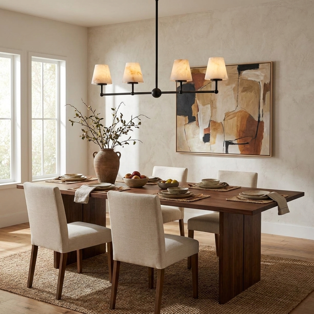 Above a dark wood dining table beneath an abstract print, this Clérachic chandelier hangs lit in matte black.