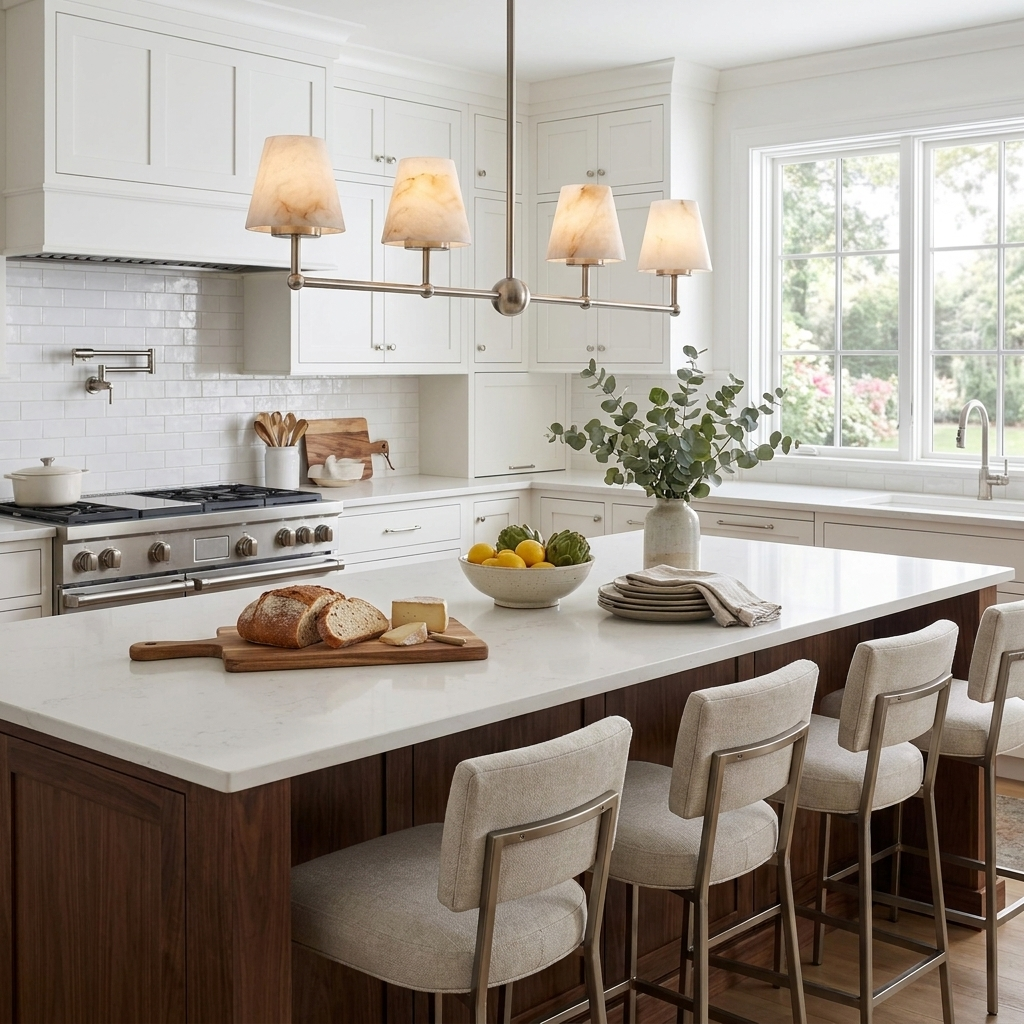 Spanning a white kitchen island with brass fixtures, this Clérachic chandelier hangs in a brushed nickel finish.