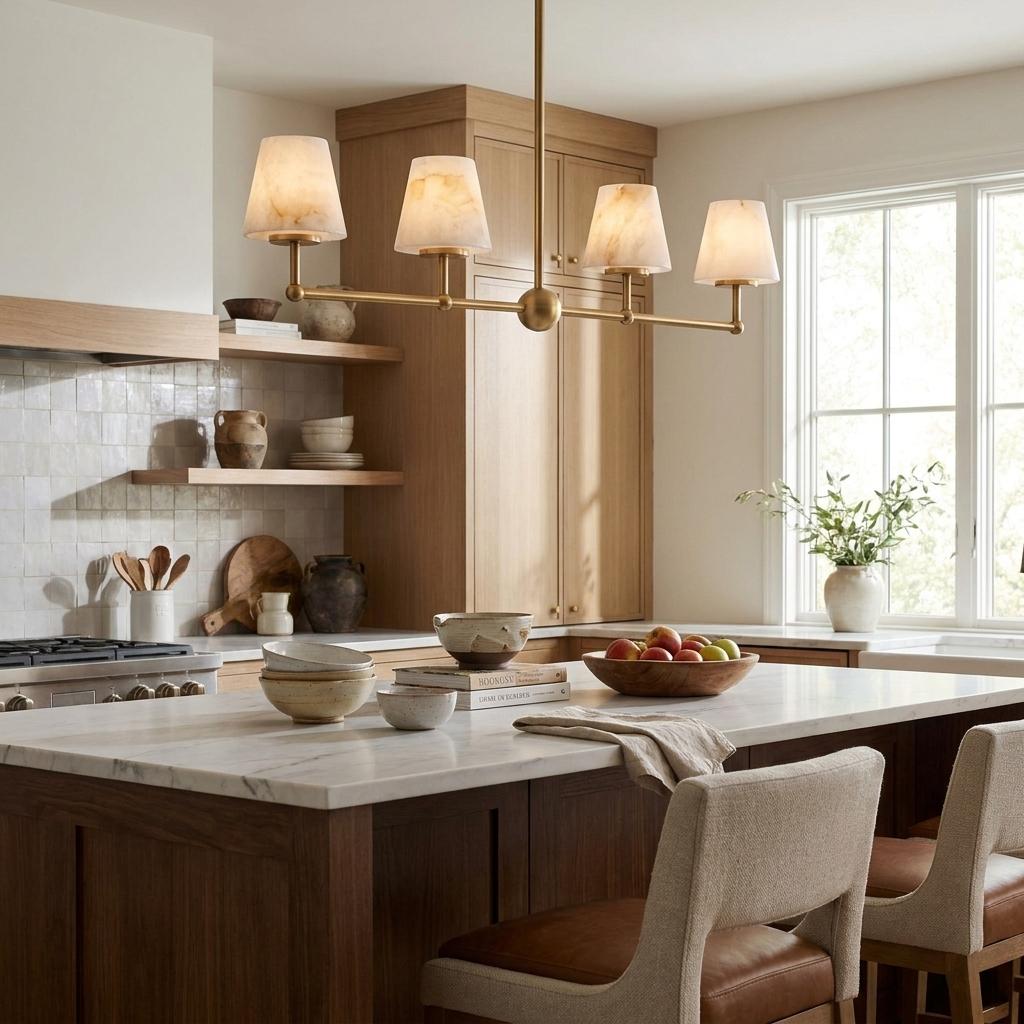Over a wood kitchen island with open shelving, this Clérachic chandelier's four shades glow in brushed brass.