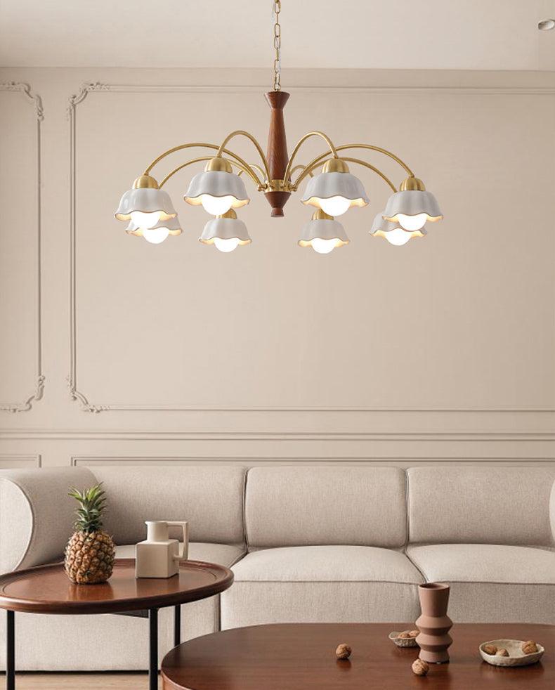 Detail of a frosted opaline ceramic shade on a brass arm