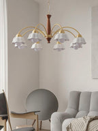 Walnut centre chandelier with brass arms and opaline shades