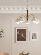 Midcentury chandelier with ceramic shades viewed from below