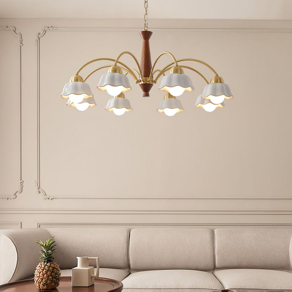 Midcentury chandelier with opaline ceramic shades in a warm room